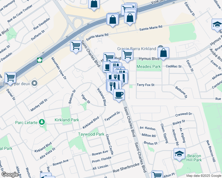 map of restaurants, bars, coffee shops, grocery stores, and more near 2892 Boulevard Saint-Charles in Kirkland