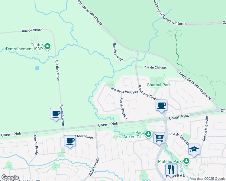 map of restaurants, bars, coffee shops, grocery stores, and more near 221 Rue de la Vaudaire in Gatineau