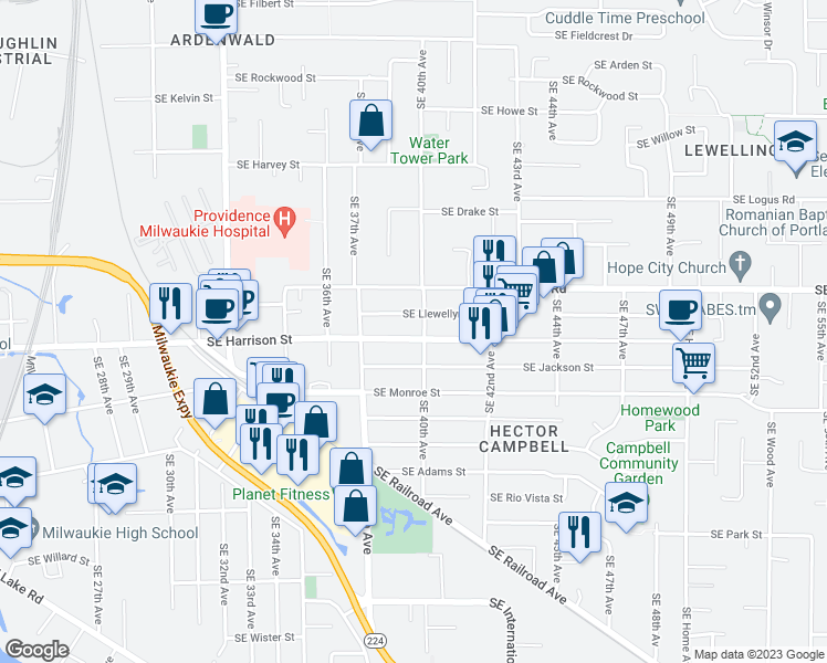 map of restaurants, bars, coffee shops, grocery stores, and more near 3919 Southeast Harrison Street in Milwaukie