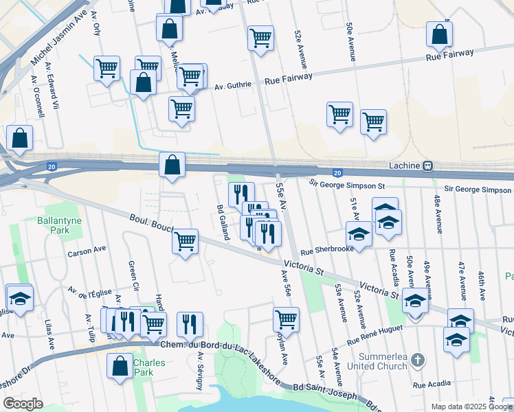 map of restaurants, bars, coffee shops, grocery stores, and more near 455 Avenue Bourke in Dorval