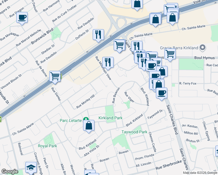 map of restaurants, bars, coffee shops, grocery stores, and more near 21 Rue de l'Artiste in Kirkland