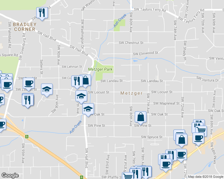 map of restaurants, bars, coffee shops, grocery stores, and more near 10125 Southwest 82nd Avenue in Tigard