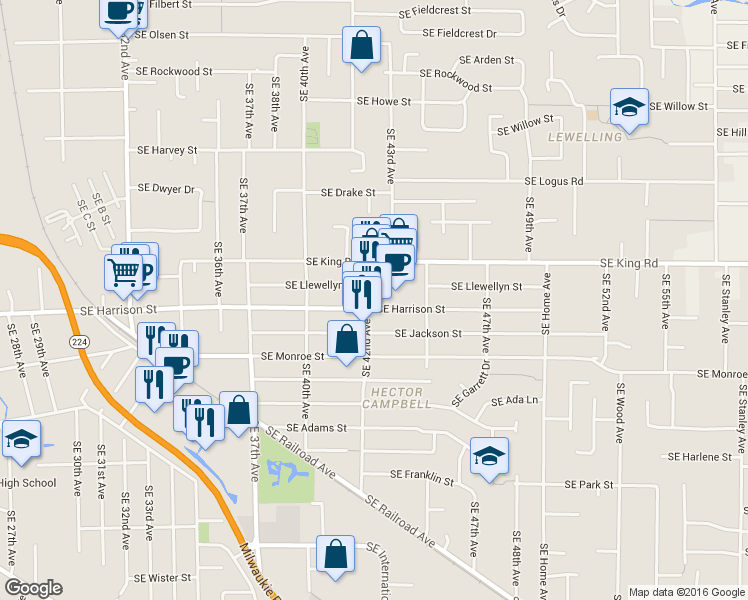 map of restaurants, bars, coffee shops, grocery stores, and more near 10550 Southeast 42nd Avenue in Milwaukie