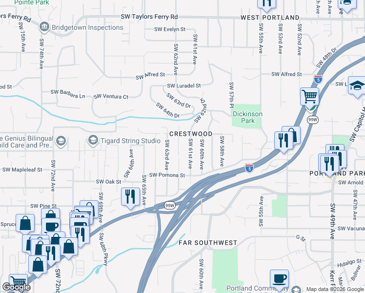 map of restaurants, bars, coffee shops, grocery stores, and more near 10846 Southwest 62nd Place in Portland