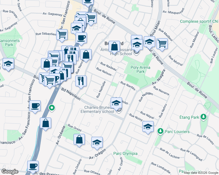 map of restaurants, bars, coffee shops, grocery stores, and more near Rue Nadeau in Brossard