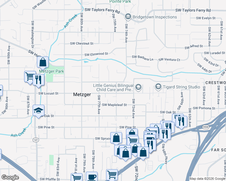 map of restaurants, bars, coffee shops, grocery stores, and more near 7509 Southwest Locust Street in Portland