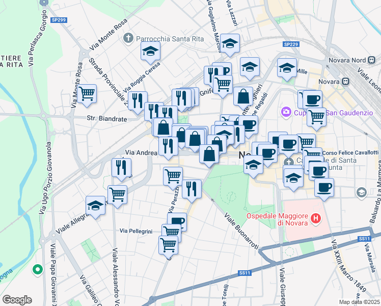 map of restaurants, bars, coffee shops, grocery stores, and more near 14 Via Andrea Costa in Novara