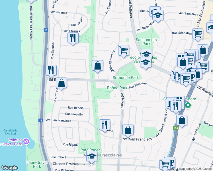map of restaurants, bars, coffee shops, grocery stores, and more near 8910 Boulevard Rivard in Brossard