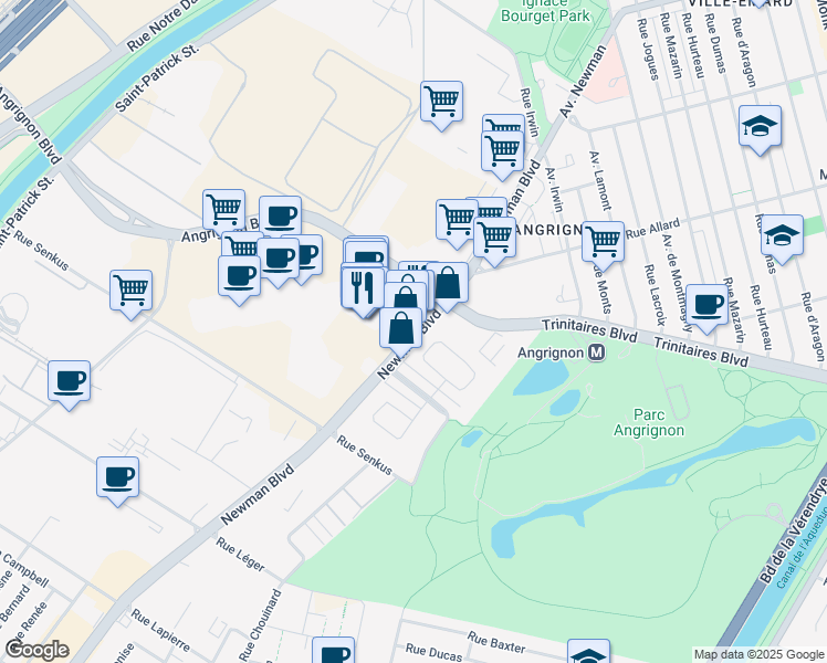 map of restaurants, bars, coffee shops, grocery stores, and more near 6817 Newman Boulevard in Montreal