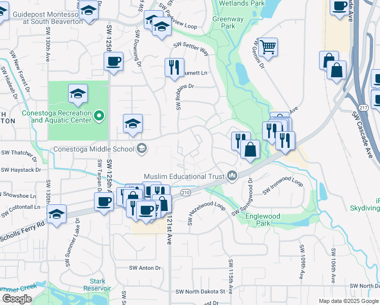 map of restaurants, bars, coffee shops, grocery stores, and more near Southwest Trapper Terrace in Beaverton