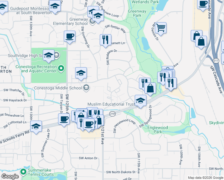 map of restaurants, bars, coffee shops, grocery stores, and more near 10137 Southwest Trapper Terrace in Beaverton