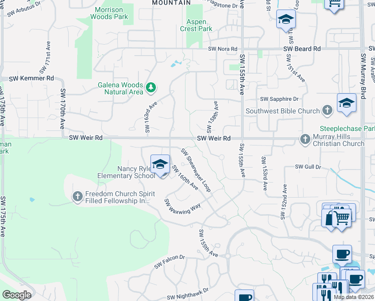 map of restaurants, bars, coffee shops, grocery stores, and more near 10120 Southwest Shearwater Loop in Beaverton