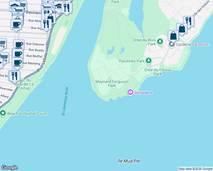 map of restaurants, bars, coffee shops, grocery stores, and more near 1000 Rue André Prévost in Montréal