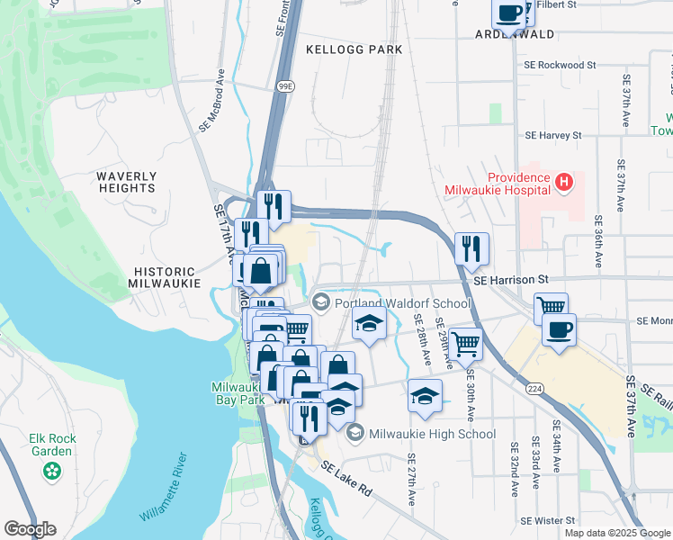 map of restaurants, bars, coffee shops, grocery stores, and more near 2336 Southeast Llewellyn Street in Milwaukie