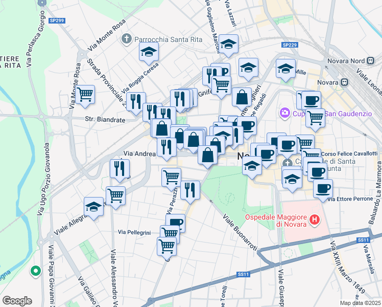 map of restaurants, bars, coffee shops, grocery stores, and more near 14 Via Andrea Costa in Novara