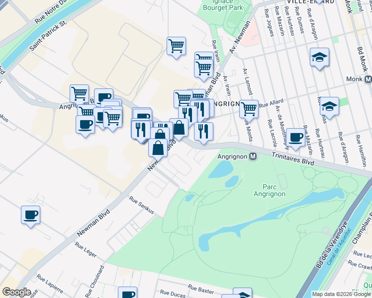 map of restaurants, bars, coffee shops, grocery stores, and more near 1800 Angrignon Boulevard in Montreal