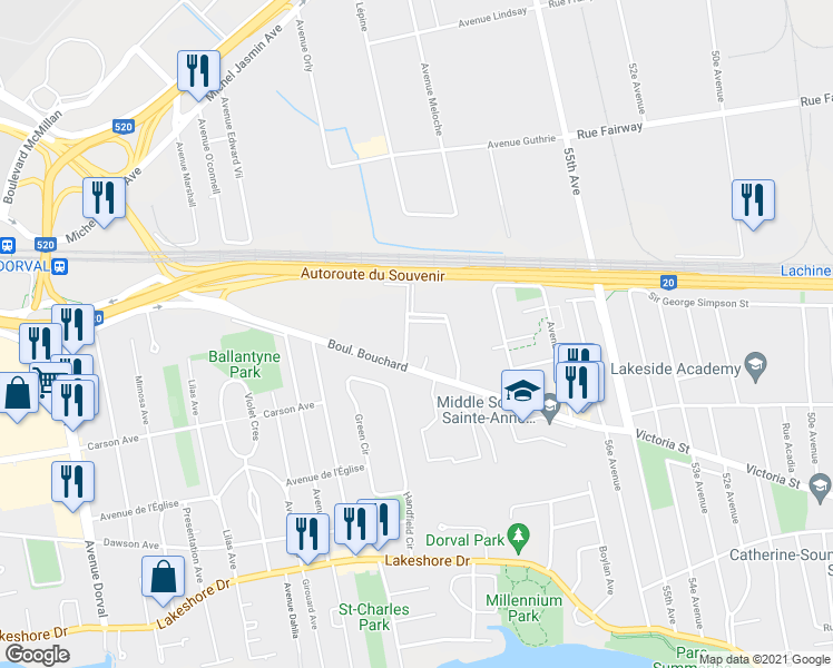 map of restaurants, bars, coffee shops, grocery stores, and more near 484 Avenue Mousseau-Vermette in Dorval
