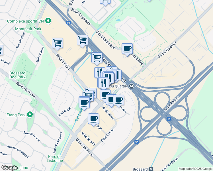 map of restaurants, bars, coffee shops, grocery stores, and more near 9140 Boulevard Leduc in Brossard