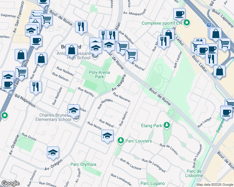 map of restaurants, bars, coffee shops, grocery stores, and more near 1898 Rue Navarre in Brossard