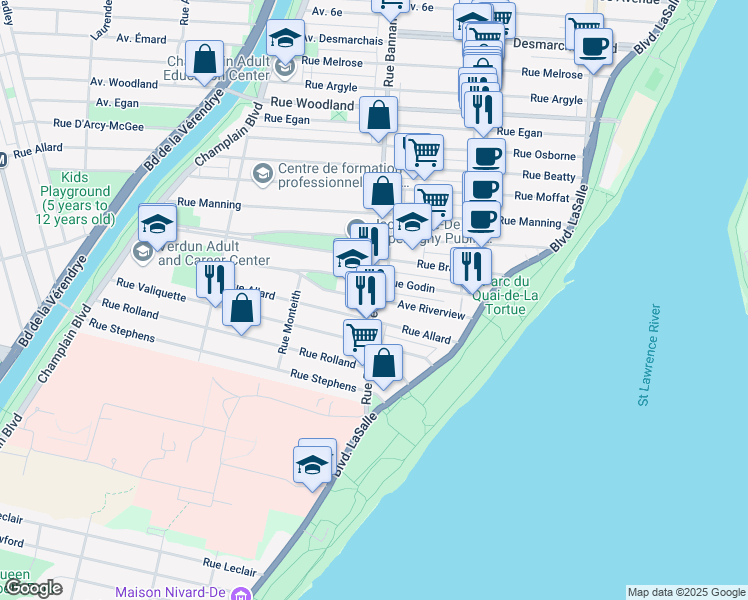 map of restaurants, bars, coffee shops, grocery stores, and more near Rue Riverview in Montréal