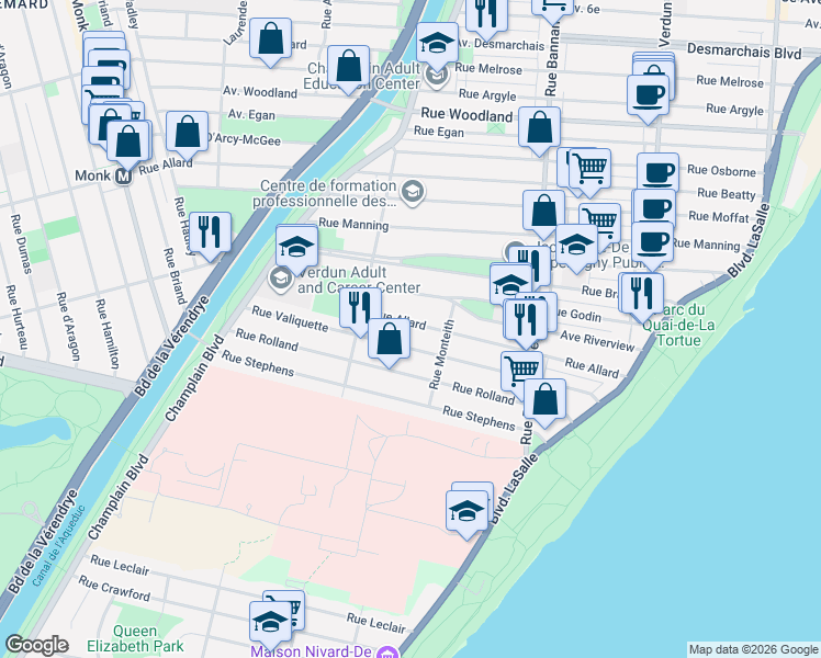 map of restaurants, bars, coffee shops, grocery stores, and more near 1214 Rue Allard in Montréal
