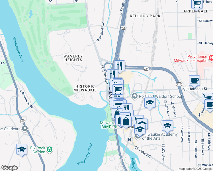 map of restaurants, bars, coffee shops, grocery stores, and more near Southeast McLoughlin Boulevard in Milwaukie