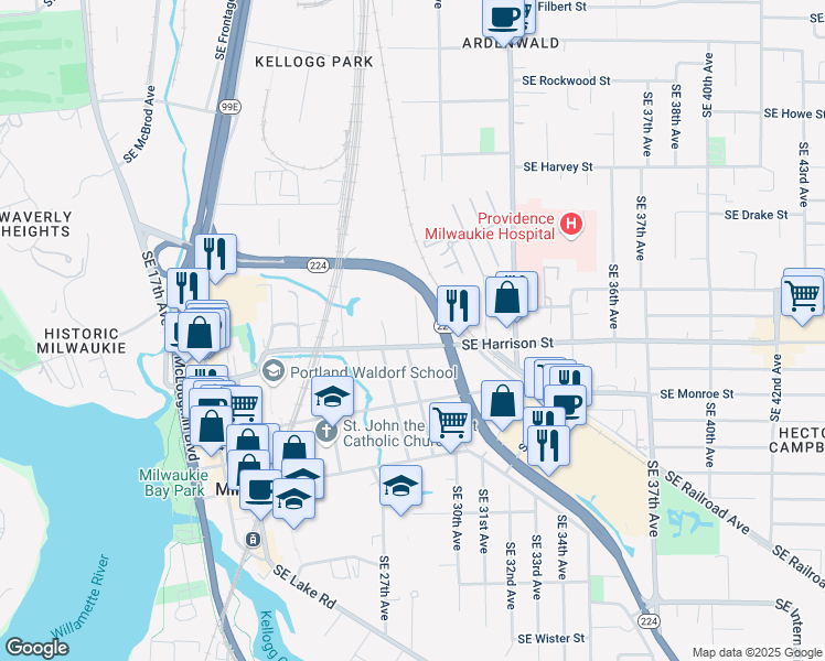 map of restaurants, bars, coffee shops, grocery stores, and more near 10559 Southeast 29th Avenue in Milwaukie
