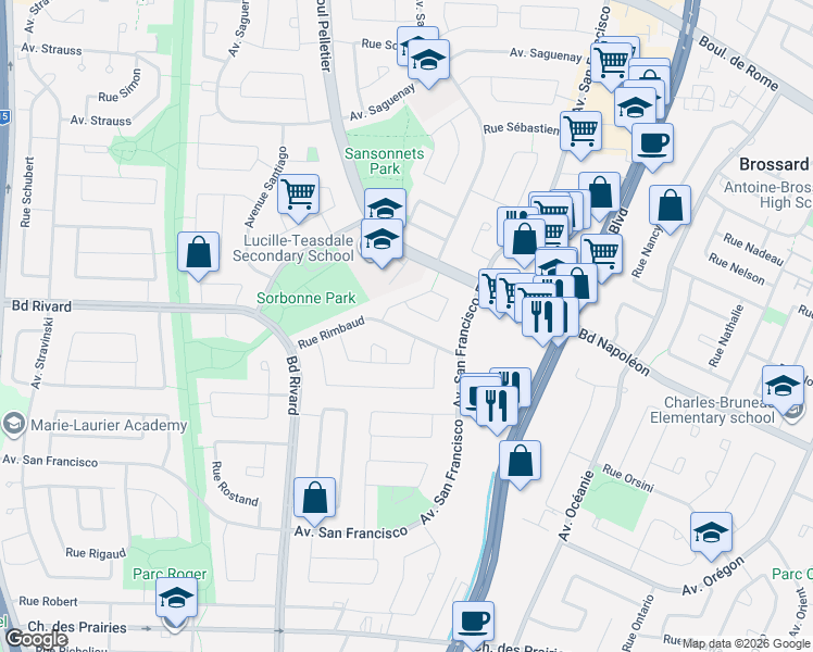 map of restaurants, bars, coffee shops, grocery stores, and more near 8405 Rue Rimbaud in Brossard