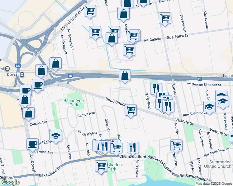 map of restaurants, bars, coffee shops, grocery stores, and more near 225 Boulevard Bouchard in Dorval