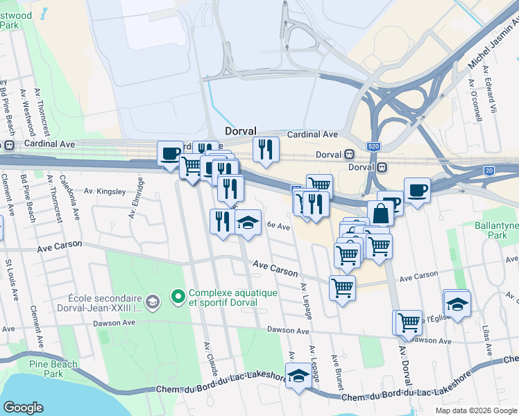 map of restaurants, bars, coffee shops, grocery stores, and more near 440 Avenue Roy in Dorval