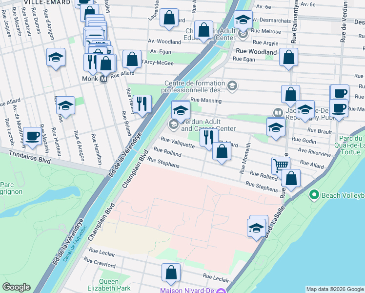 map of restaurants, bars, coffee shops, grocery stores, and more near 1424 Rue Valiquette in Montréal