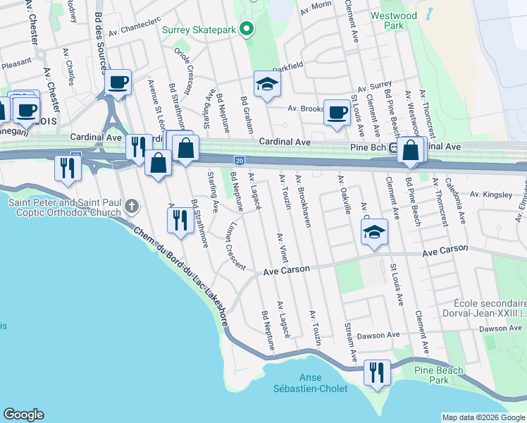 map of restaurants, bars, coffee shops, grocery stores, and more near 385 Avenue Lagacé in Dorval