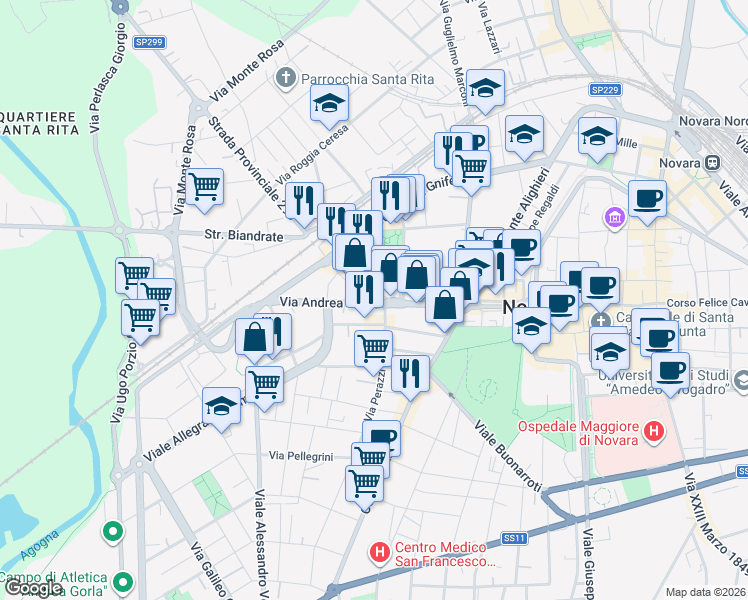 map of restaurants, bars, coffee shops, grocery stores, and more near 18 Via Andrea Costa in Novara