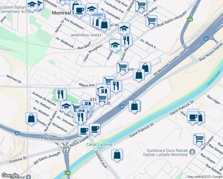 map of restaurants, bars, coffee shops, grocery stores, and more near 60 Avenue Vincent in Montréal