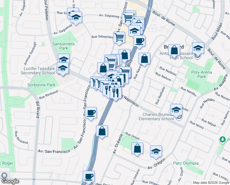 map of restaurants, bars, coffee shops, grocery stores, and more near 8255 Boulevard Taschereau in Brossard