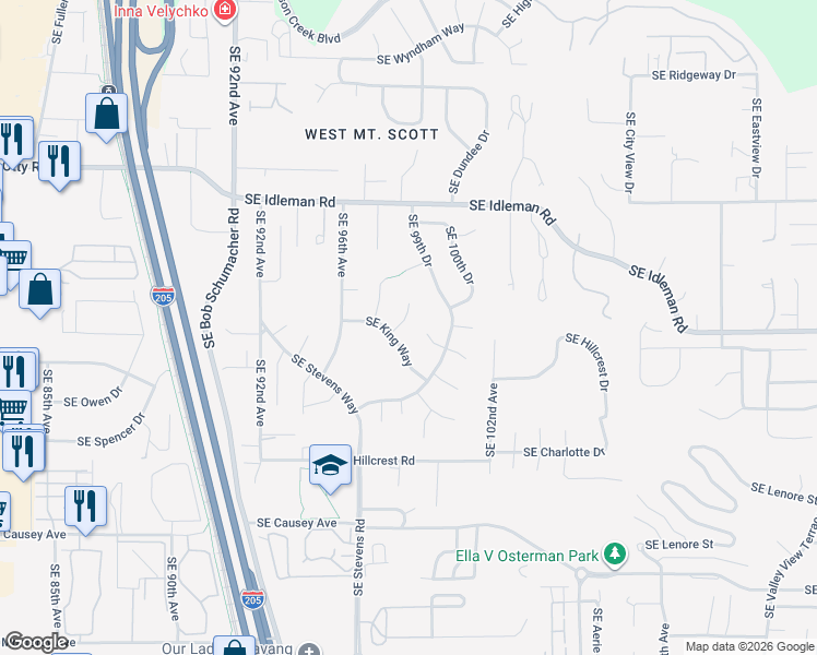 map of restaurants, bars, coffee shops, grocery stores, and more near 10476 Southeast 98th Court in Happy Valley