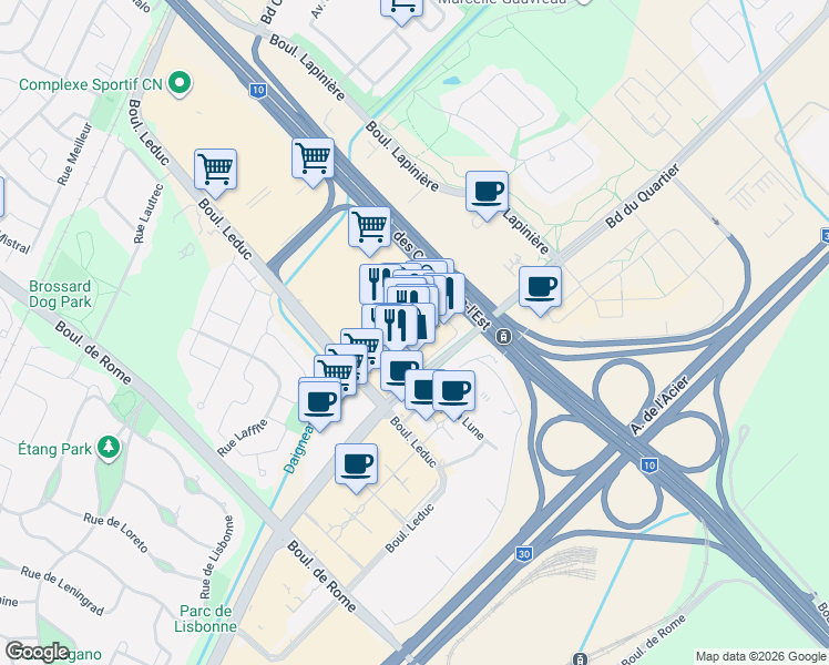 map of restaurants, bars, coffee shops, grocery stores, and more near 105 Promenade des Lanternes in Brossard