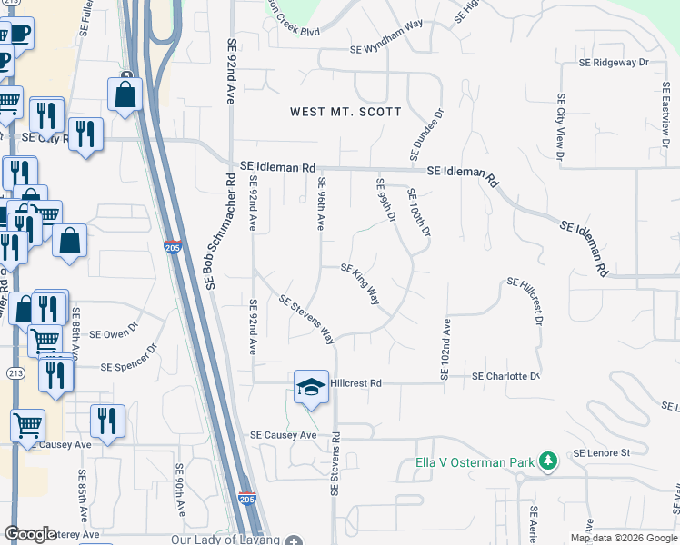 map of restaurants, bars, coffee shops, grocery stores, and more near 9662 Southeast King Way in Happy Valley