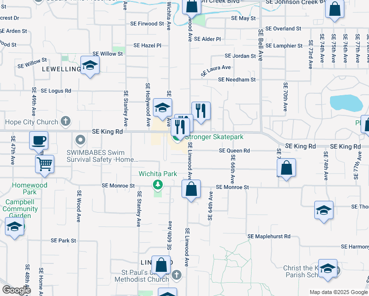 map of restaurants, bars, coffee shops, grocery stores, and more near 6128 Southeast King Road in Milwaukie