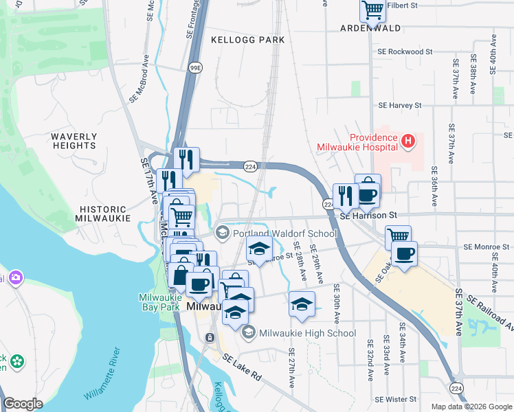 map of restaurants, bars, coffee shops, grocery stores, and more near 2519 Southeast Harrison Street in Milwaukie