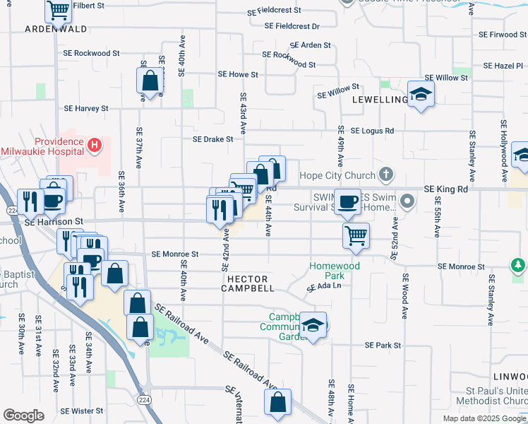 map of restaurants, bars, coffee shops, grocery stores, and more near 10505 Southeast 44th Avenue in Milwaukie