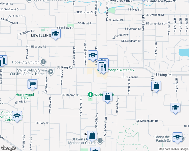 map of restaurants, bars, coffee shops, grocery stores, and more near 5990 Southeast King Road in Milwaukie