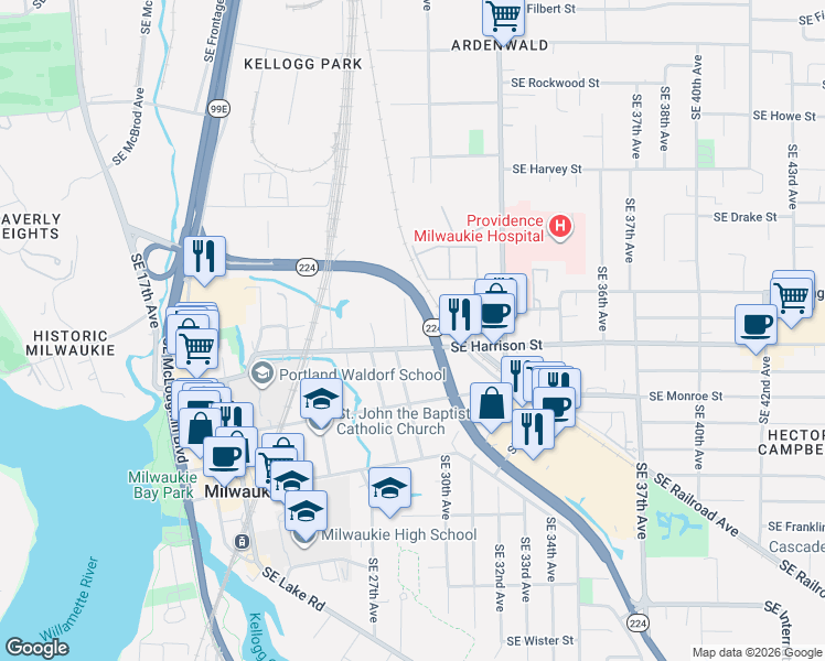 map of restaurants, bars, coffee shops, grocery stores, and more near 10559 Southeast 29th Avenue in Milwaukie