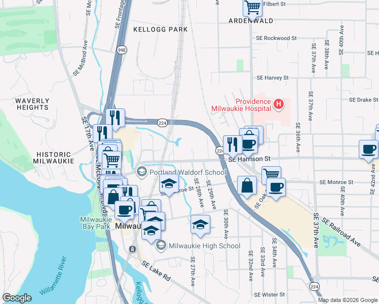 map of restaurants, bars, coffee shops, grocery stores, and more near 10500 Southeast 26th Avenue in Milwaukie