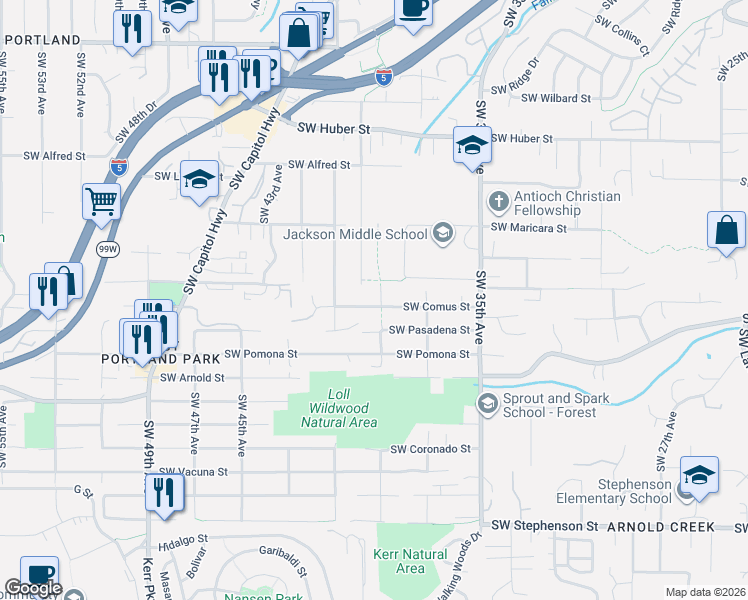 map of restaurants, bars, coffee shops, grocery stores, and more near 3945 Southwest Comus Street in Portland