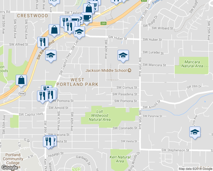 map of restaurants, bars, coffee shops, grocery stores, and more near 3945 Southwest Comus Street in Portland