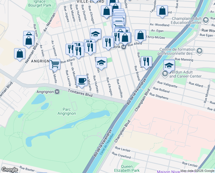 map of restaurants, bars, coffee shops, grocery stores, and more near 7157 Rue d'Aragon in Montréal