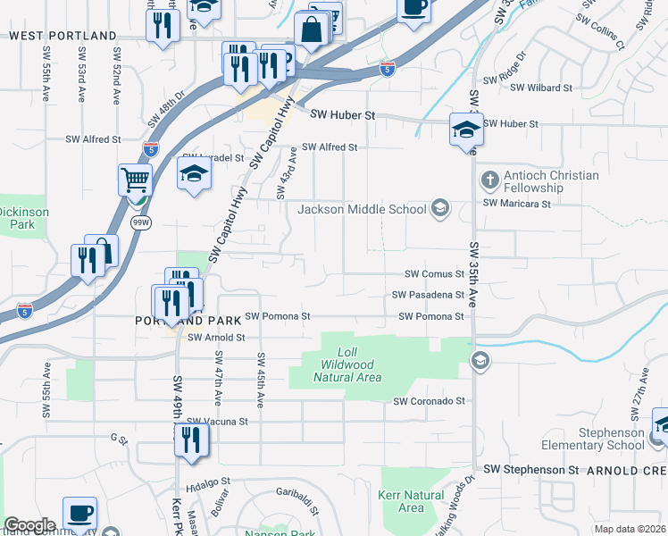 map of restaurants, bars, coffee shops, grocery stores, and more near 4123 Southwest Comus Street in Portland