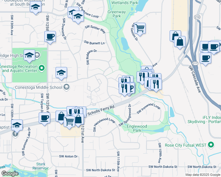 map of restaurants, bars, coffee shops, grocery stores, and more near 10002 Southwest Conestoga Drive in Beaverton