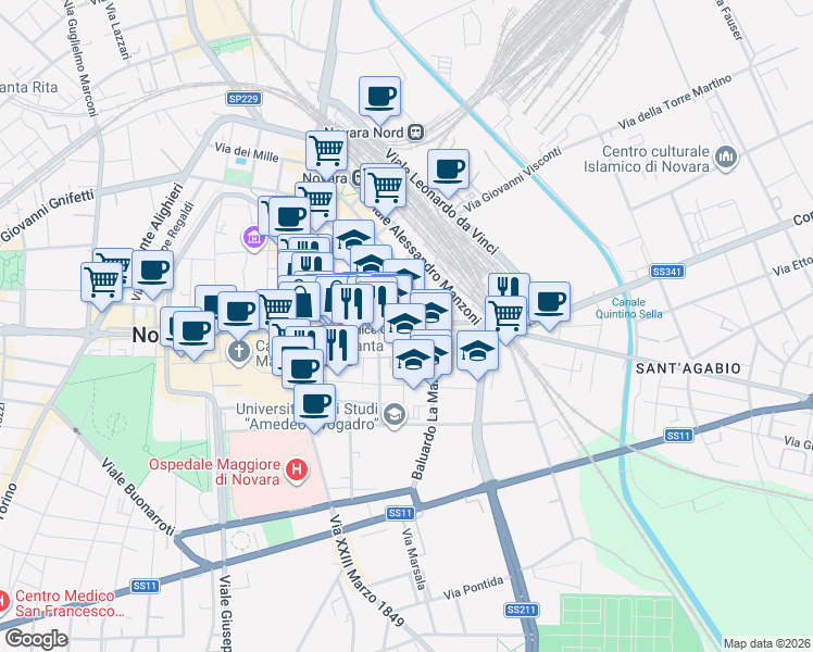 map of restaurants, bars, coffee shops, grocery stores, and more near 29 Corso Felice Cavallotti in Novara